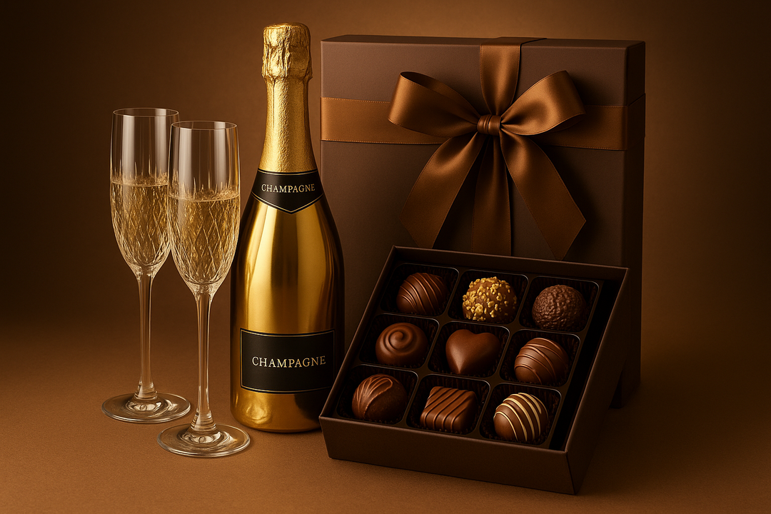 Champagner Geschenkset mit einer Flasche zwei Gläsern und Pralinen