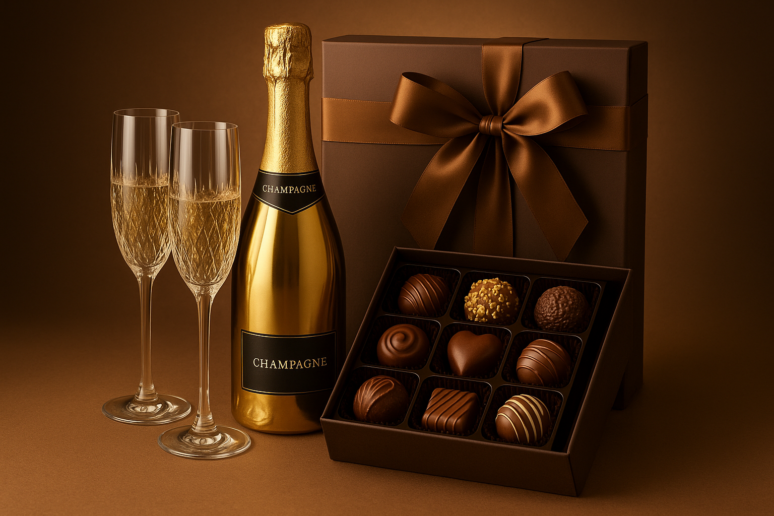 Champagner Geschenkset mit einer Flasche zwei Gläsern und Pralinen